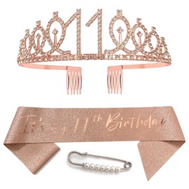 11th Birthday Sash Birthday Girl Birthday Crown Ladies Hairpin Princess Hair Accessories Rose Gold Birthday Sash Tiara Crown for Happy Birthday Party Supplies Decorations