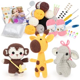 Aeelike Crochet Kit for Beginners, 3 Stuffed Animal Kits for Adults, Beginner Crochet Animal Kit with 2 Step-by-step Instruction, Cute Animal Crochet Starter Kit (Elephant, Monkey, Giraffe)
