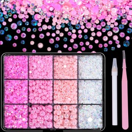 Flatback Nail Pearls and Jelly Resin Rhinestones for Crafting, Multi Sizes Resin Rhinestones and Half Pearls for Bedazzling, Nail Art and Decoration with Tweezer and Pickup Pencil (Pink)