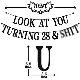 Black Glitter Look at You Turning 28 & Sh*t Banner, Happy 28th Birthday/Level 28 Unlocked/Cheers to 28 Years, Funny 28th Birthday Party Decorations Supplies