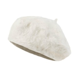 ililily Solid Color Angora French Beret Furry Artist Flat Winter Hat (as1, Alpha, s, White)