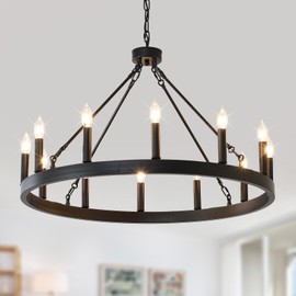 TESTOYS Wagon Wheel Chandelier Farmhouse 32-Inch, 12-Light Modern Black Chandelier for Dining Room, Round Iron Industrial Chandeliers Light Fixture for Living Room, Foyer, Entryway, E12