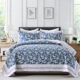 SOElinens Quilts King Size - Blue White Quilt Set with Matching Shams, Garden Floral Design Farmhouse Reversible Bedding Bedspread, 3 Pieces 100% Cotton Lightweight Coverlet for All Season