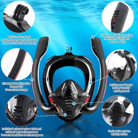 Snorkel Mask for Adults, Diving Mask - CO2 Safe Diving Mask Adults, Double Tube Dry Snorkel Full Face Mask for Adults with Sports Camera Mount (Black, S/M)