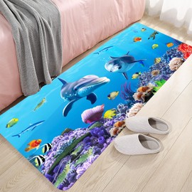 LYFANS Bathroom Uses Absorbent Non Slip Bath Mats, Kitchen Floor Mats, Artistic Blue Dolphin 3D Carpet (59x24 Inches), and Flannel Memory Sponge Floor Mats for Bedside Living Rooms.
