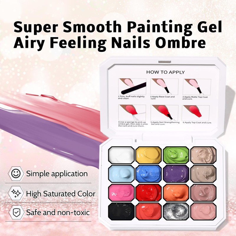 Ombre Gel Polish Palette,16Colors Pat Gel Paint Nail Art Kit