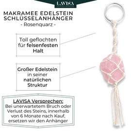 LAVISA Macrame Gemstone Keyring - Boho - Lucky Charm - Crystal - Healing Stone - Natural Stone Pendant - Handmade, Fabric,