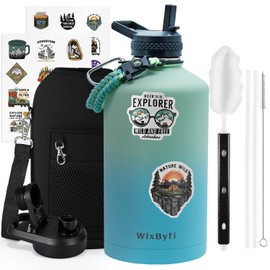 WixByti One Gallon Water Bottle Insulated, Triple Wall Vacuum Cold for 48 Hrs & Leak-proof & Non-BPA, 128oz Large Sports Stainless Steel Water Jug with Paracord Handle Straw Spout Lids & DIY Stickers