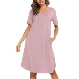 Vlazom Womens Nightdress Soft Pleated Nighties Modal Short Sleeve Nightshirts Nightgown Sleepwear with Pockets,Dusky Pink, M