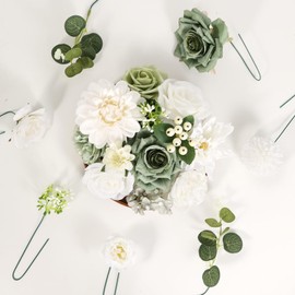Luckinds Artificial Flowers Combo Box Set Fake Flowers Dahlia White Roses Green Leaf with Stems for DIY Wedding Bouquets Baby Shower Party Home Decoration