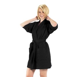 Short Waffle Kimono Robe for Women – Lightweight Spa & Lounge Bathrobe, Soft Cotton Blend, Black, XX-Large