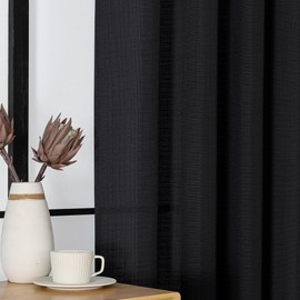 WelvetBLK Black Valances for Windows 2 Panels, Soft Solid Airy Faux Linen Textured Kitchen Valance Curtains for Bathroom Basement Cafe Small Windows, Black, 2 Pcs Each 30Wx14L Inch