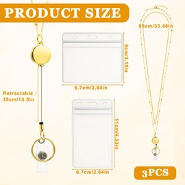 3Pcs Lanyards for ID Badges, Retractable Badge Reel Lanyard with 6 Piece ID Holder Waterproof Name Badge Holder Teacher Cruise Ship Lanyards Necklace for Women, Gold