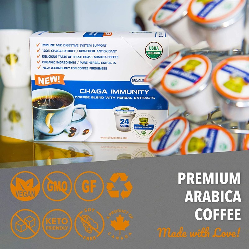 SOLLO Chaga Mushroom Coffee Pods, Infused, Compatible With 2.0 K-Cup