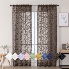 WelvetBLK Chocolate Sheer Curtains 84 Inches Long 2 Panels Set for Bedroom Living Room, Soft Solid Airy Elegant Geometric Jacquard Clip Light Filtering Curtains Drapes, 2Pcs Total Wide 84" Inch