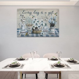 Farmhouse Flower Bathroom Decor Wall Art Rustic Flower Every Day is A Gift Butterfly Floral Pictures Wall Decor Canvas Painting Prints Artwork Home Decorations Framed for Bedroom Living Room 24"x16"