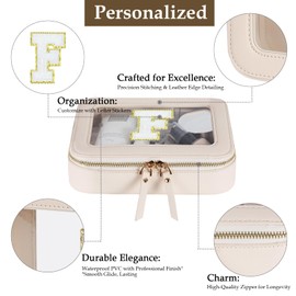 Clear Initial Makeup Bag - Toiletry Cosmetic Bag For Women, Cute Car Accessories & Essentials, And Preppy Makeup Bag For On-The-Go Glam - Gold Zippers Included, With Chenille Letter Decoration(F)