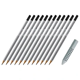Faber-Castell Grip 2001 HB Pencil with Eraser Tip Pack of 12 & Triangular Eraser Grip 2001, Grey