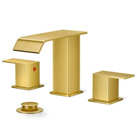FORIOUS Bathroom Faucets, Brushed Gold Bathroom Faucet 3 Hole, Waterfall Gold Bathroom Faucet with Pop-up Drain and Supply Lines, 8 Inch Widespread 2 Handle Faucet for Bathroom Sink Vanity RV