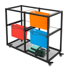 2-Tier Compact Mobile File Cart for Letter & Legal-Sized Hanging Folders Steel Wire Construction Swivel Wheels Black Powder Coat Finish