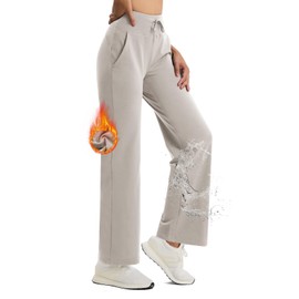 Emlovm Women's Fleece Lined Wide Leg Yoga Sweatpants Warm Winter Water Resistant Pants Thermal w Pockets Drawstring Light Khaki L