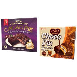 Combo - Cacao Pie and Milk Tea Choco Pie - Banh Cacao and Banh Choco Pie Tra Sua - 12 Cakes per Box with 1 of Cacao and 1 of Milk Tea - Product of South Korea