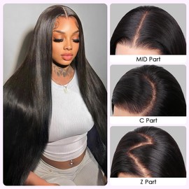 Pizazz 13x6 Straight Lace Front Wigs Human Hair Pre Plucked Pre bleached 180 Density Straight HD Frontal Wigs Human Hair (180 Density Natural Black, 24 Inch)