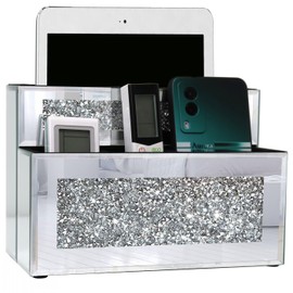 GOTHICO Mirrored Remote Holder, Wall or Tabletop Mounted Crush Diamond Bling Decoration Organizer Storage Caddy for Remote Phone Pad Notebook Makeup Brush,4 Slots in 3 Sizes,9.1"×6.1"×4.8"