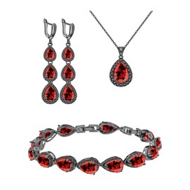 LMXXVJ Created Red Garnet Jewelry Set for Women Girl,Black Gun Plated Necklace Long Earrings Adjustable Ring Bracelet Set Luxury Formal Jewelry Gift for Mom/Wife/Best Friend