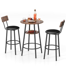 Zevemomo 3 Pieces Round Bar Table and Chair Set, Small Dining Table for 2, Breakfast Table with Storage, Modern Kitchen Bar Table, 2 Upholstered Stools with Backrest for Dining Room & Bistro-Brown