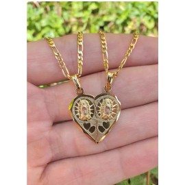 IsasJewelry Virgen de Guadalupe Broken Heart Necklace Figaro Chain 20" Unisex Cadena Corazon