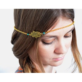 DoubleNine Boho Hand of Hasma Fatima Turquoise Head Chain Necklace Bridal Wedding Headpiece Headband Hair Accessories Headpiece Godness Hair Piece for Women Girls (silver)