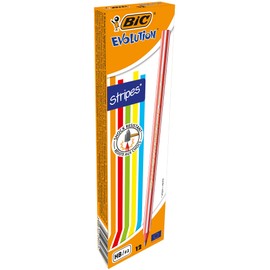 BIC Evolution Graphite Pencils - Box of 12 - HB Lead with Colourful Striped Design - Wood-Free and Splinter-Proof, Yellow,Green,Pink,Red,Black