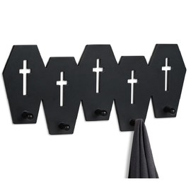 Coffin Coat Hooks, Black Wooden Coat Rack with 5 Hooks, Heavy Duty Coffin Wall Hooks for Keys, Purse, Towel, Clothes, Gothic Wall Decor for Bathroom, Living Room, Bedroom