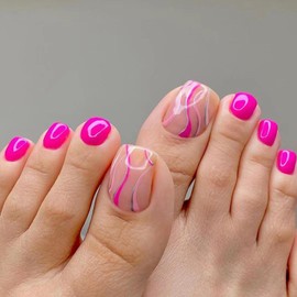 Rose Pink Press on Toenails Short Square Fake Toe Nails with Colorful Swirls Designs Cute Toenail Press ons Summer False Toenails Glossy Full Cover Artificial Stick on Nails for Women 24Pcs
