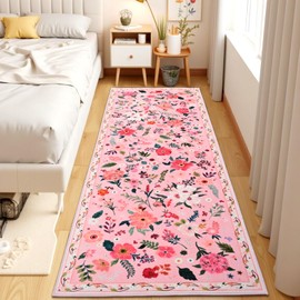 Terrug Floral Kitchen Runner Rug, 2x6 Pink Rug Boho Washable Rug Runners for Hallways Non Slip, Soft Stain Resistant Vintage Carpet Runner Rug for Kitchen Hallway Entryway Bedroom Bathroom