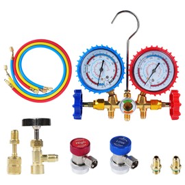 Rankomu Refrigerant Manifold Gauge Set, 3-Hose AC Charging Kit with R12, R22, R134A, R404A Pressure Scales, Brass Bi-Directional Valve, Color-Coded Hoses for Auto AC, Home & Commercial Refrigeration
