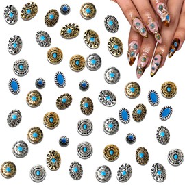 50Pcs Turquoise Nail Decoration Sheets, 3D Metallic Gems Decor Supplies for Gel Acrylic, Vintage Nail Charms Supplies Western Ethnic Style Decoration Accessories for DIY