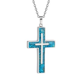 Lauren-Spencer Turquoise Cross Necklace for Women Dainty Simple Cross Necklace Stainless Steel Large Blue Turquoise Gemstone Cross Pendant for Women Christian Jewelry Religious Gifts
