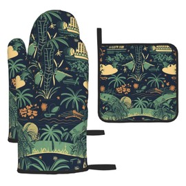 Oven Mitts and Pot Holders 3 pcs Set Heat Resistant Potholders Illustration of Palm Trees Silicone Oven Glove Non-Slip Oven Mittens Hot Pad for Cooking Baking BBQ