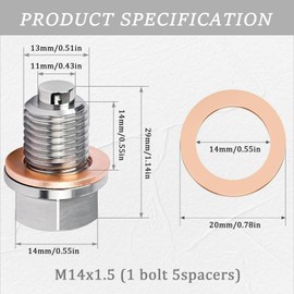 Magnetic Oil Drain Plug, Stainless Steel Sump Drain Nut Bolt, Magnetic Oil Drain Plug with 5 Copper Crush Washer,Oil Drain Plug Universal for Most Cars Motorcycle (M14 x 1.5)