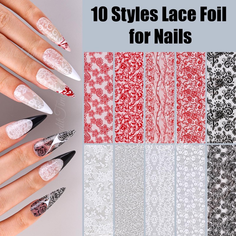 Lace Nail Foil Transfer Sheets, 10 Rolls Black White Red