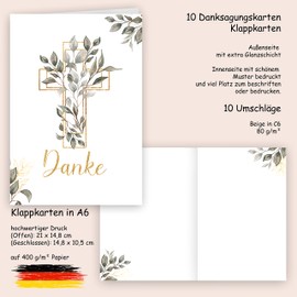10 Thank You Cards with Envelope Thank You Folding Cards Stylish Cross Watercolour Delicate for Christening Communion Confirmation Confirmation Mourning Leaves Green Gold to Design Yourself