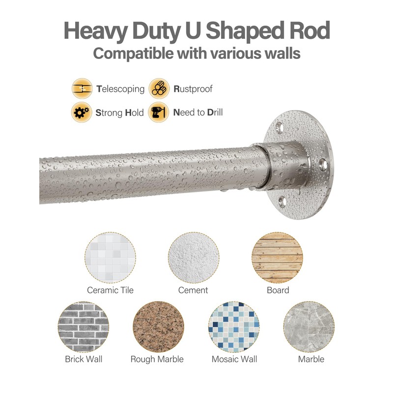 Yampos U Shaped Shower Curtain Rod Brushed Nickel, [Both Sides:
