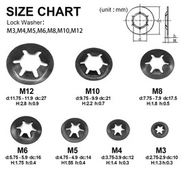 QTEATAK 210Pcs Black Internal-Tooth Star Lock Washers Assortment Set-7 Size (M3 M4 M5 M6 M8 M10 M12)