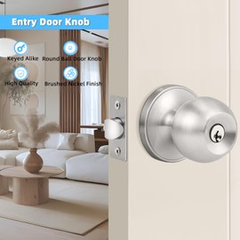 KNOBWELL Keyed Alike Door Locks in Brushed Nickel Finish, Keyed Entry Door Knob for Exterior Interior Door, Combo Pack Round Ball Shape Door Knobs, Exterior Door Handle, 2 Pack