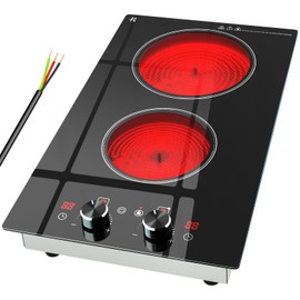 Zarbaco 2 Burner Electric Cooktop 220-240V, 3000W Radiant Electric Stove Top with Built-in Design, 12 inch Knob Control Ceramic Cooktop with Safety Lock, 9 Level Power, Timer - Hard Wire