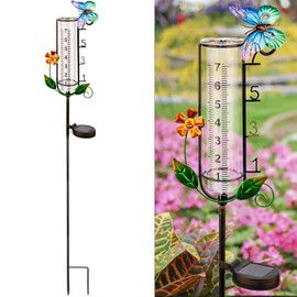 45'' Solar Rain Gauge with LED Light, Butterfly Weather Station for Garden Decor, Outdoor Waterproof Rain Measurement Tool for Yard, Lawn, Patio - Functional & Decorative Weather Art