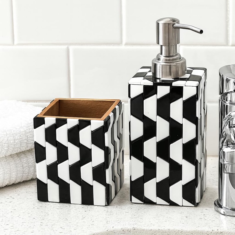 Handcrafted Black and White Bone Inlay Bathroom Set Soap Dispenser
