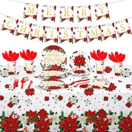 Layhit 172 Pcs Christmas Disposable Tableware Sets Christmas Poinsettia Flower Plates Tablecloth Cups Merry Christmas Dinnerware for Xmas Party Supplies Holiday Table Decorations, Serve 24